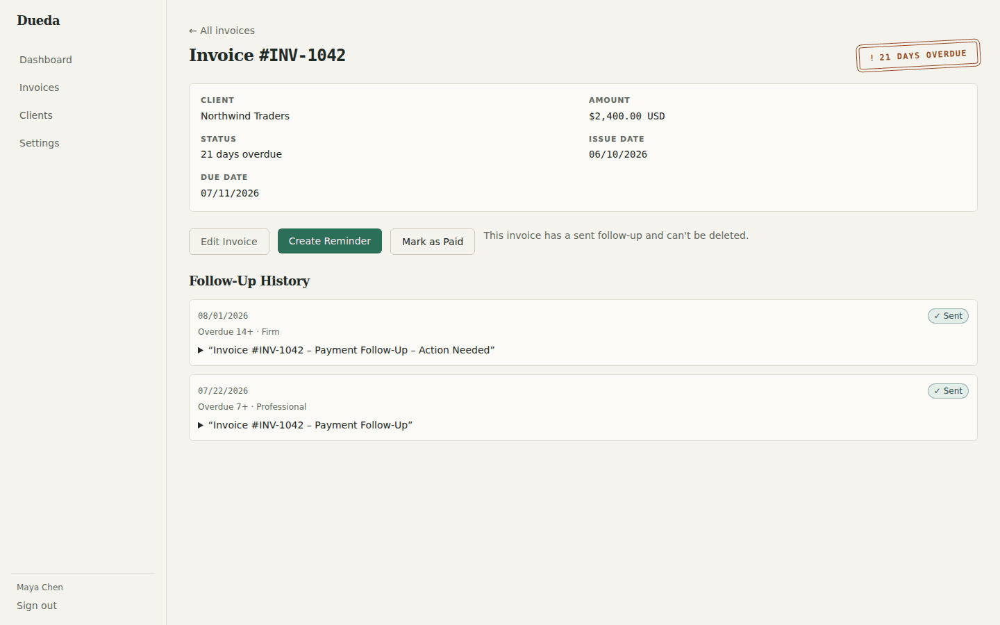 Dueda invoice detail page showing an overdue badge and follow-up history