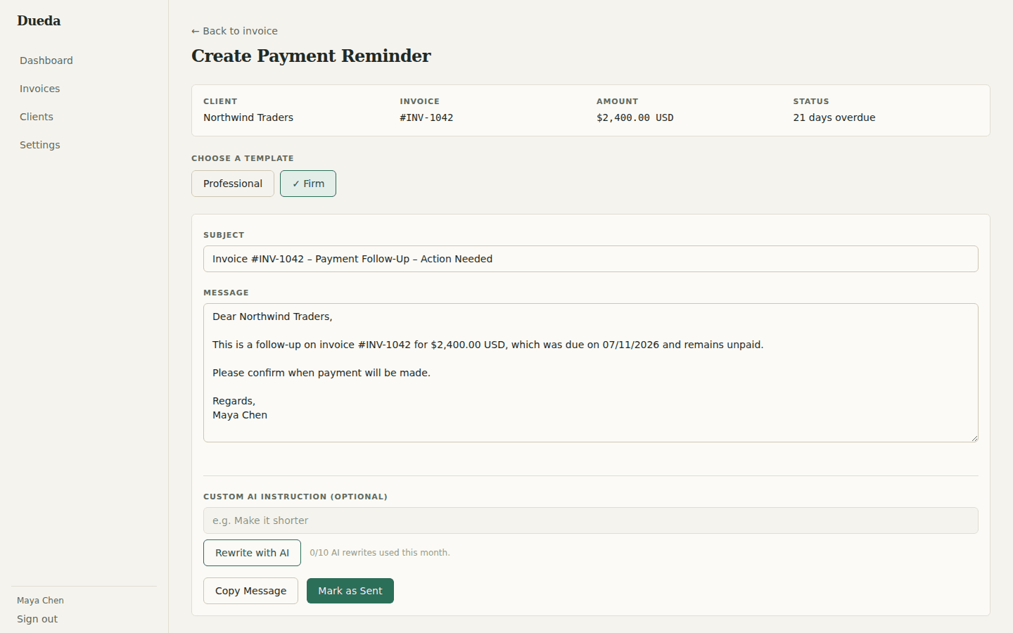 Dueda reminder composer with a Professional/Firm template picker and a drafted follow-up message
